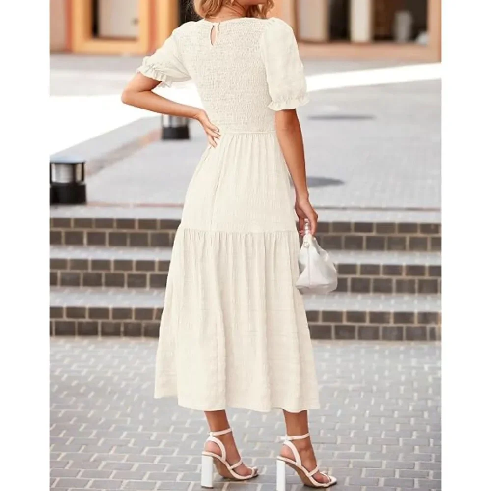 Women's Beige Polyester Crew Neck Short Sleeve A Line Casual Midi Dress